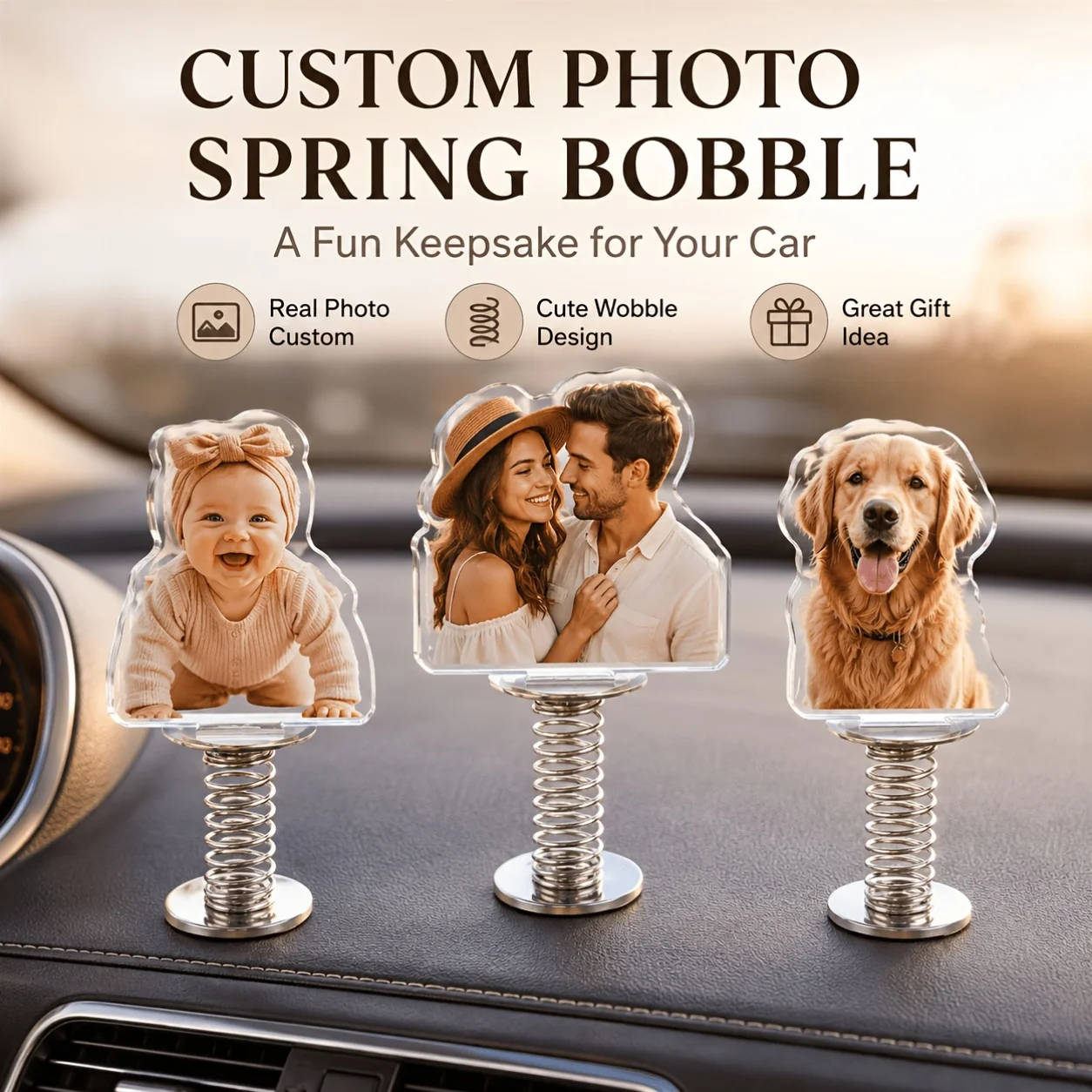 Personalized Photo Car Ornament Custom Acrylic Spring  Bobblehead Swinging Dashboard Desktop Decor for Family Pet Friends Gift