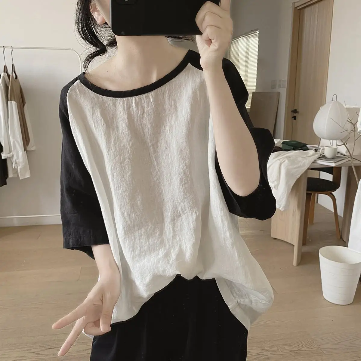 

Pure Cotton Color Blocking Patchwork Half Sleeves T-shirt for Women Summer New Casual Loose Splicing Tops Fashion Women Clothing