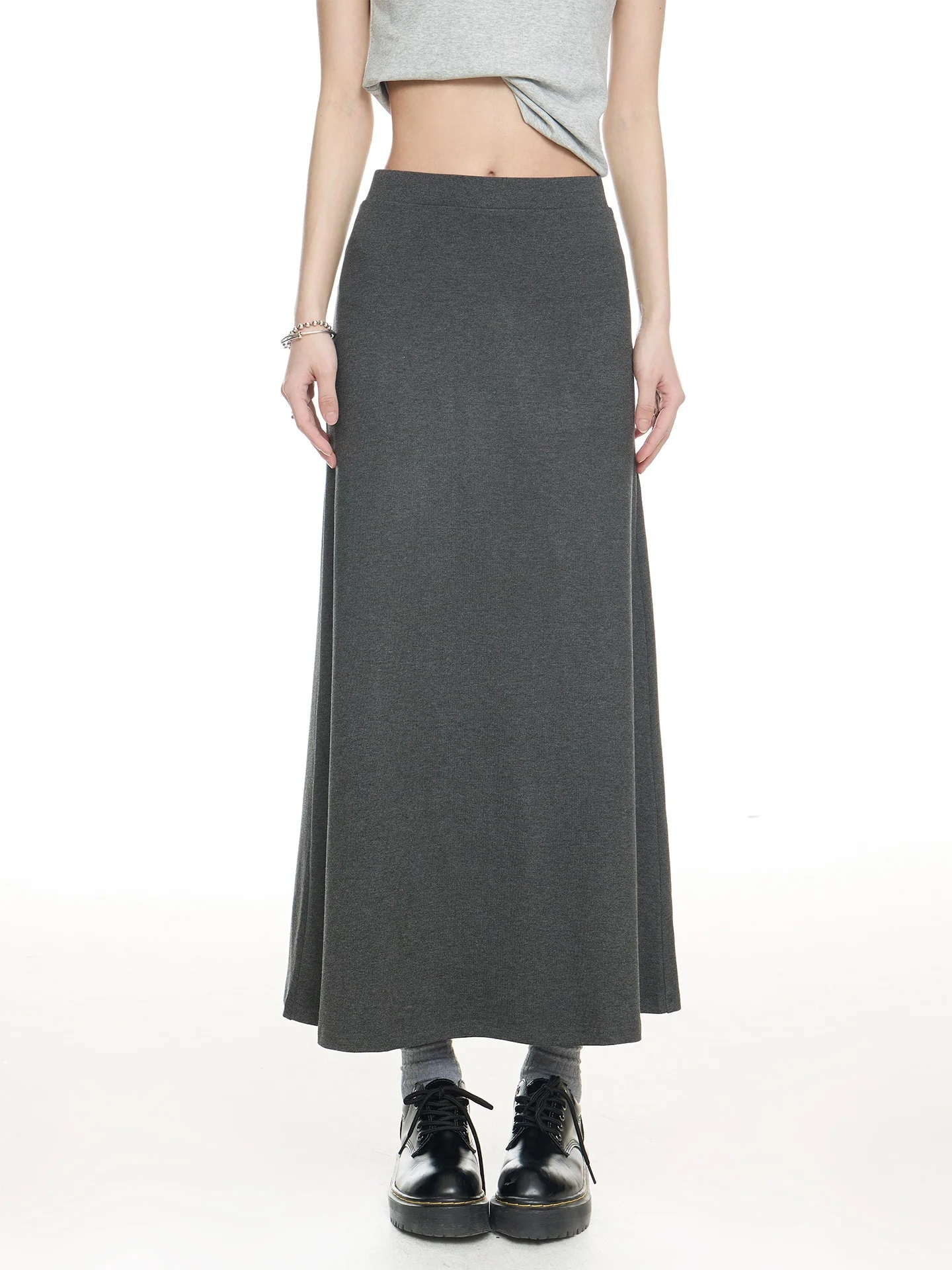 

Темно-серая юбка-трапеция с высокой талией в корейском стиле, женская, средней длины, утягивающая, дышащая, удобная, вязаная