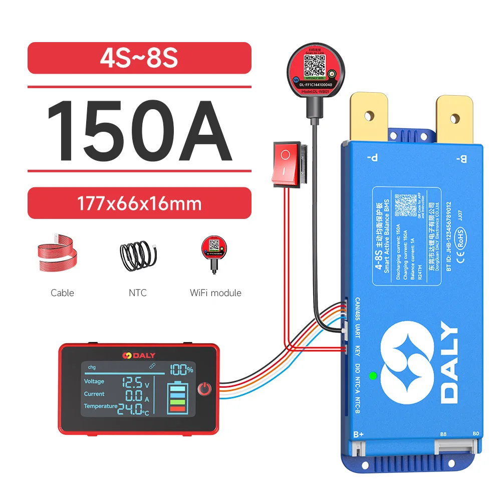 DALY Smart BMS 4S 8S 16S 40A 60A 100A 150A 200A 12V 24V 48V LiFePo4 1A Actieve Balancer BMS met LCD RS485 UART WIFI KEY