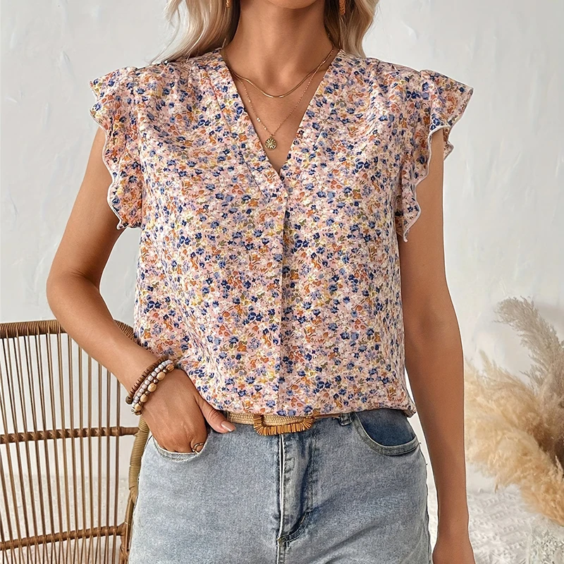 Camisa de gasa con manga de encaje para mujer, Top transpirable con cuello en V, floral pequeño, moda hipster, elegante, nuevo s