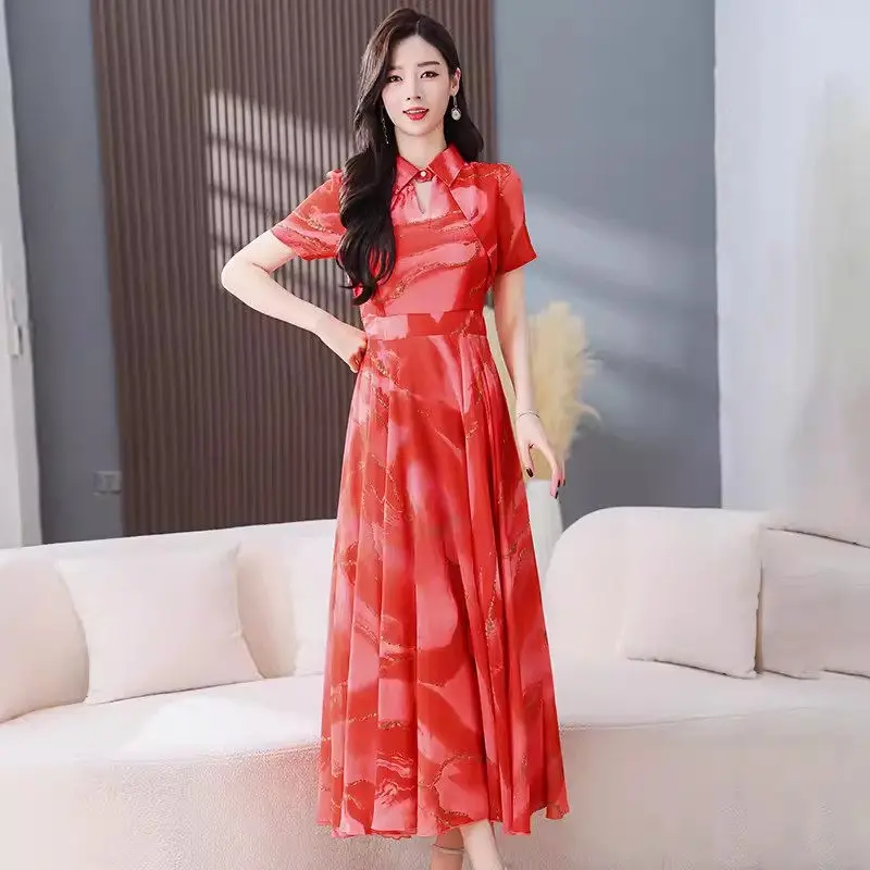 Elegantes neues langes Kleid im chinesischen Stil Frauen Sommer neue abnehmende kurz ärmel ige Maxi bedruckte Kleid weibliche Vestidos k439