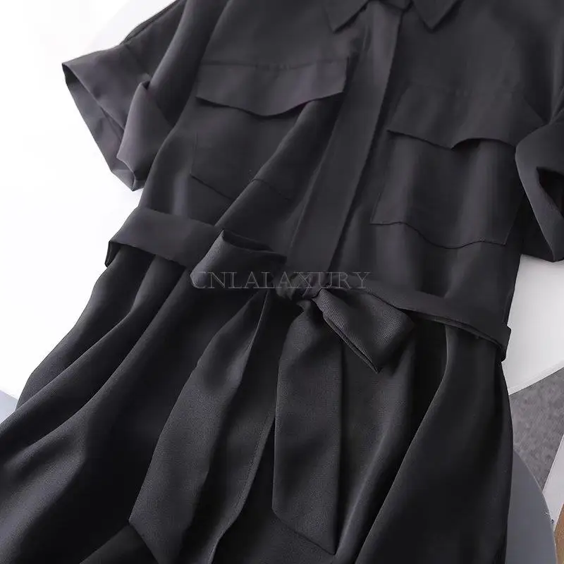 CNlalaxury party dress for women 2022 new summer French Office Lady short sleeve high waist with belt midi shirt dresses Female