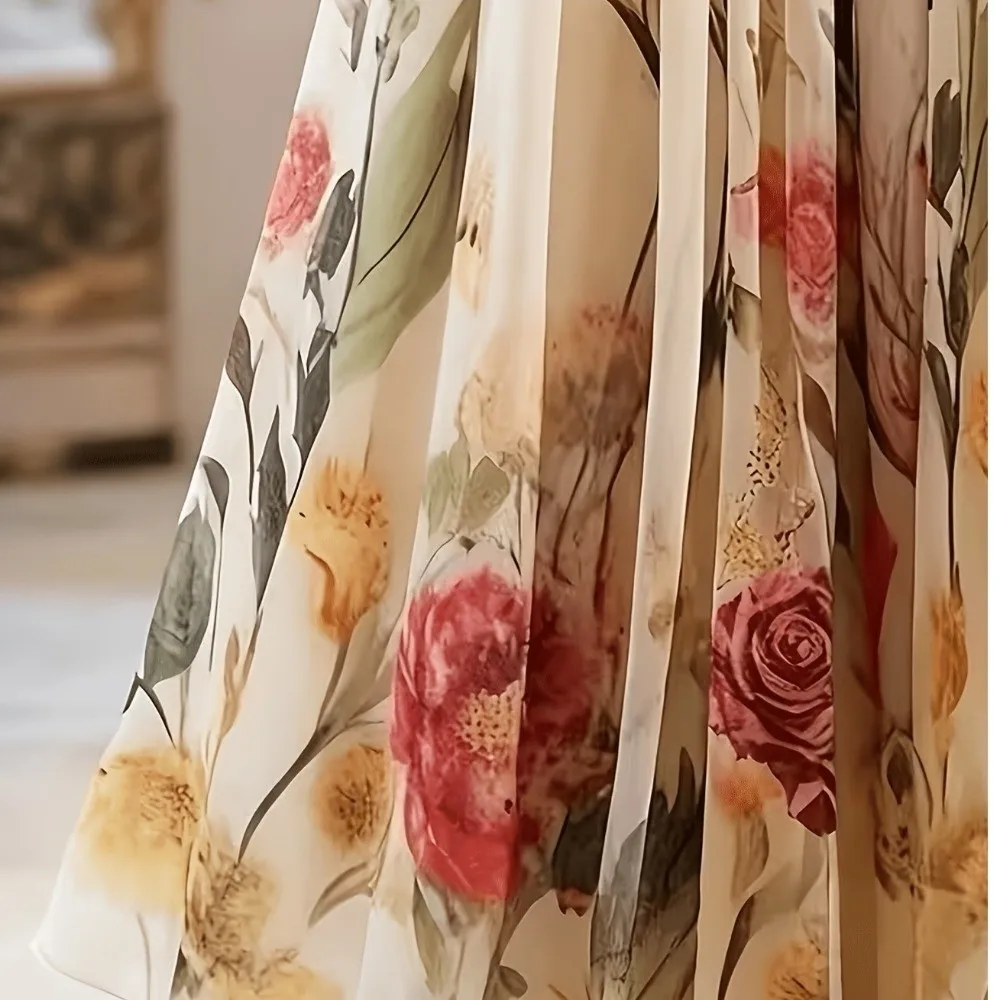 Fashionable Elastic Waist Women Printed A-line Skirt Mesh Overlay Flower Embroidery Long Skirt Pleated High Waist Skirts Travel