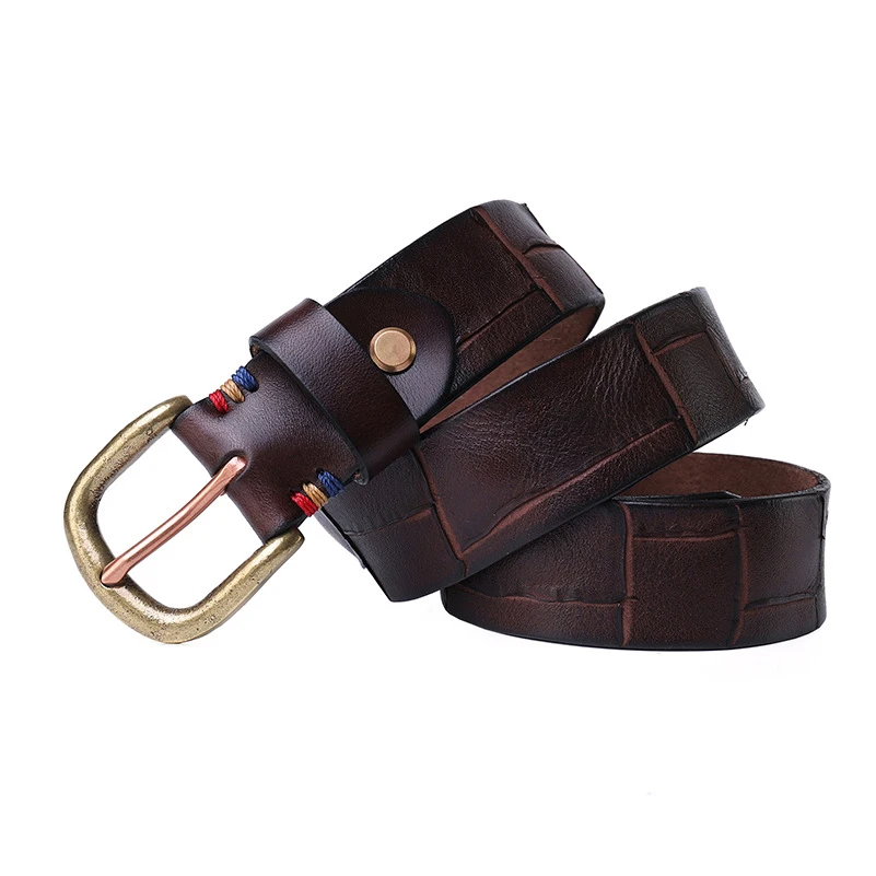 Western Retro Hand Knife Marks Cow Leather Copper Pin Buckle Men Belt Fashion Genuine Leather Male Belt Gift