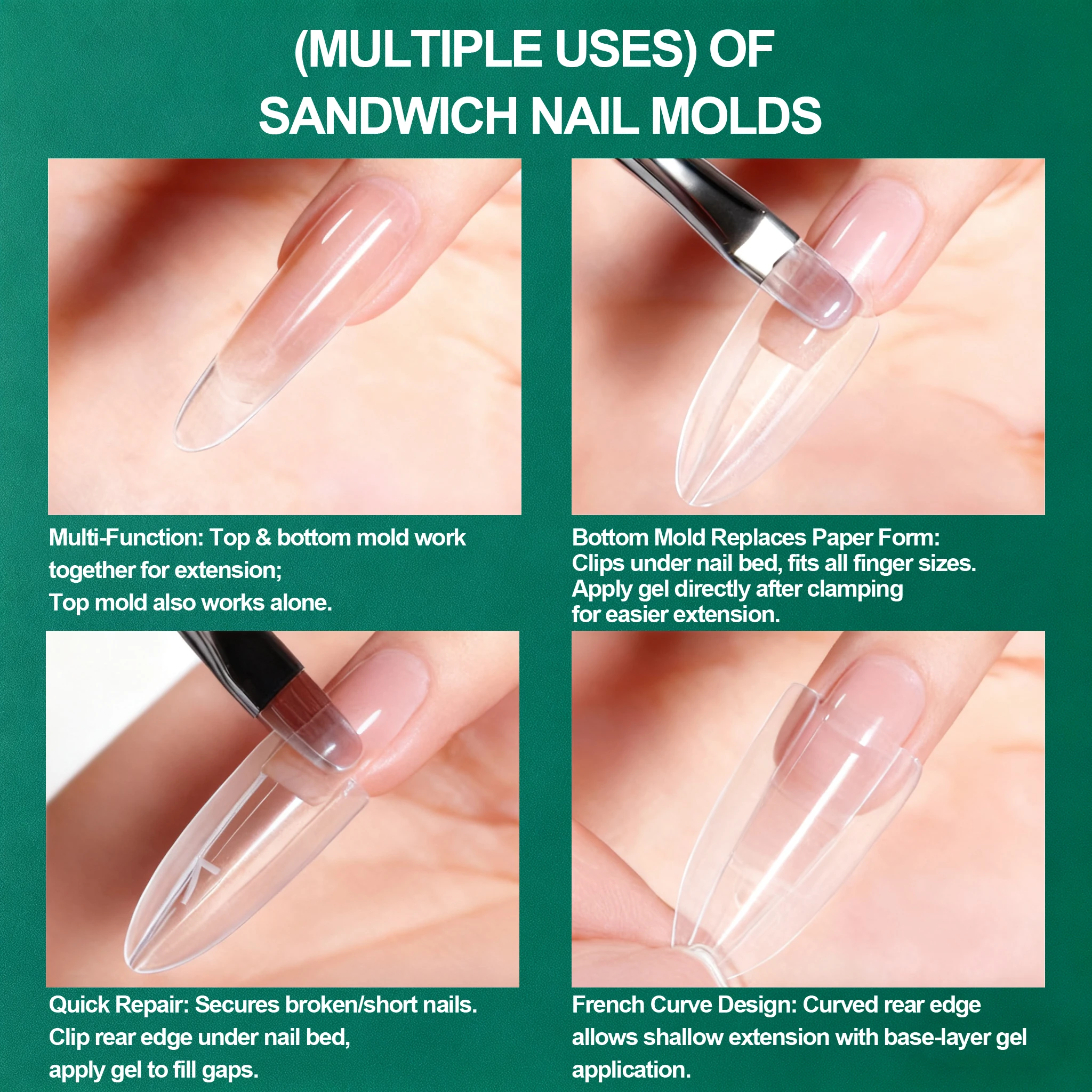 Nailpop sanduíche para unhas, formas duplas, 240 peças, 15 formatos, extensão de manicure francesa, construtor de gel, arte de unha, salão de beleza, ferramenta profissional transparente