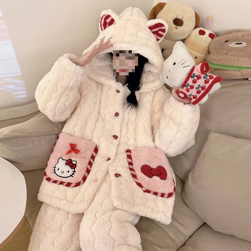 

Женский пижамный комплект Hello Kitty из двух предметов с кошачьими ушками, кремовый, зима 2025, красный контрастный стеганый пижамный комплект, повседневная эстетичная одежда для дома Y2K