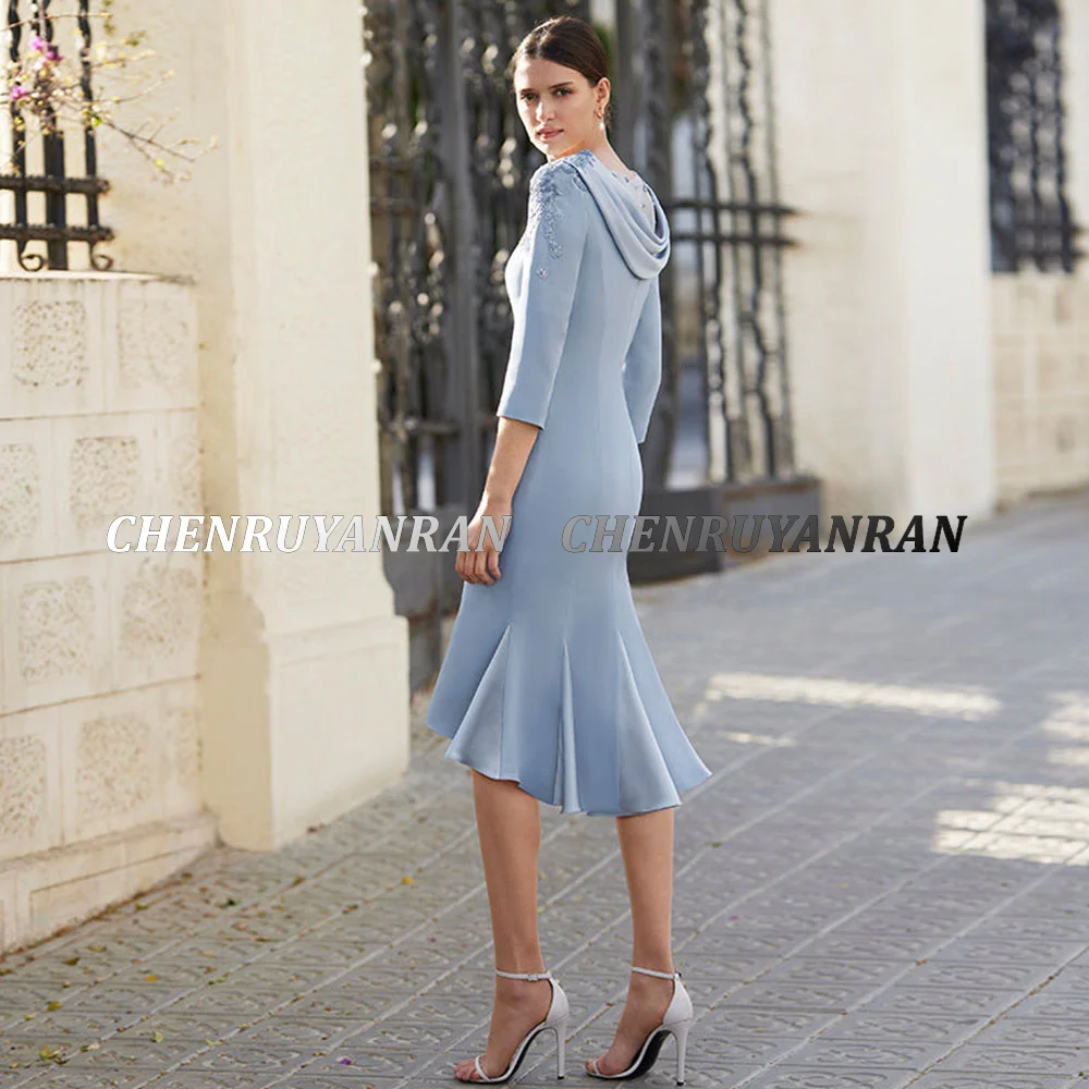 فساتين أم العروس الزرقاء 2025 مزينة بالدانتيل غمد فساتين ضيوف الزفاف 3/4 الأكمام فستان أنيق للنساء لحفلات الزفاف #4