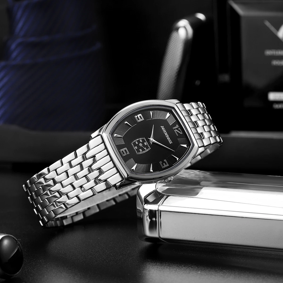 JS tonneau 6 мм часы из нержавеющей стали черные мужские швейцарские кварцевые часы с сапфировым стеклом и цифрами деловые простые деловые часы