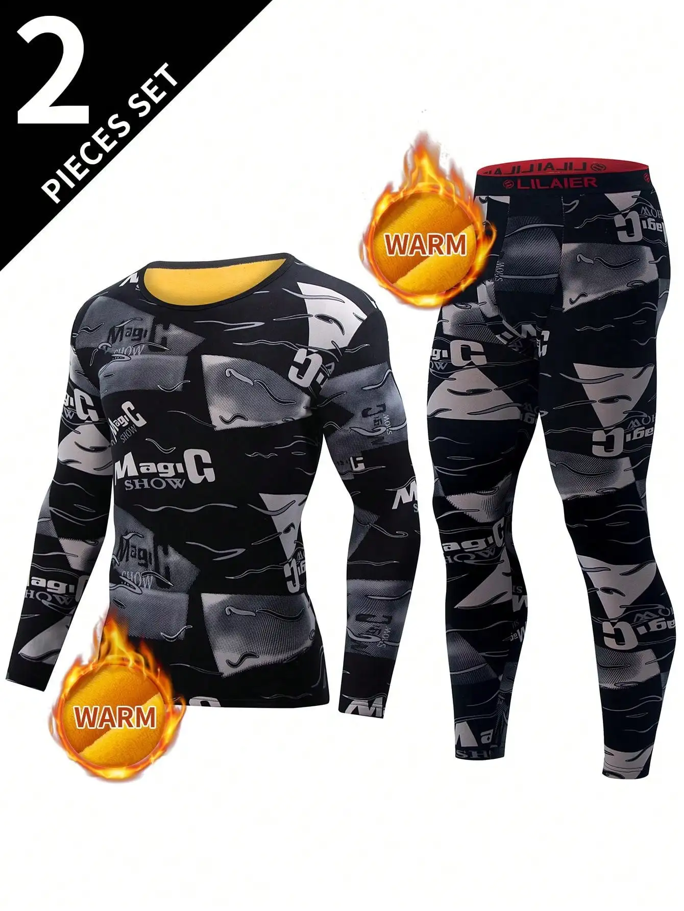 

2-Piece Men's Thermal Base Layer Set with Graphic Print, Long Sleeve Top & Leggings for Cold Weather