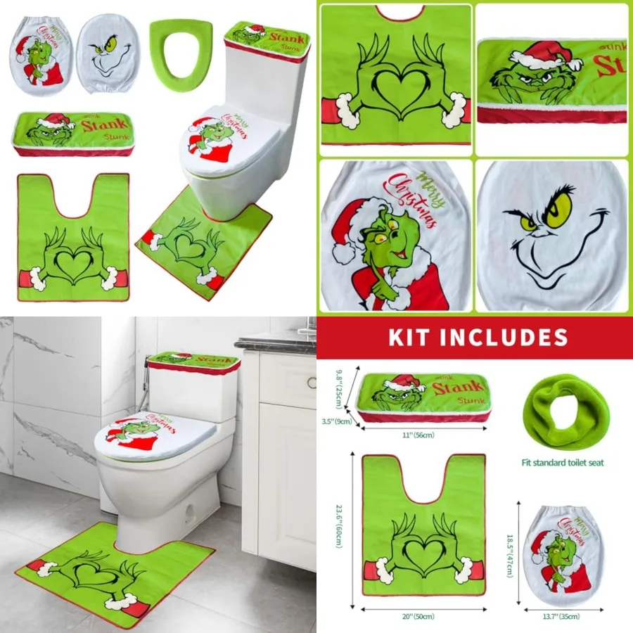 

Рождественские чехлы на сиденья унитаза из 4 предметов, праздничный зеленый праздничный набор чехлов на сиденья унитаза для рождественского декора ванной комнаты, забавный и уникальный Xm