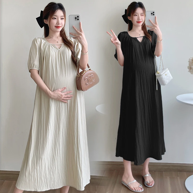 

2024 Summer Maternity Chiffon Dress Solid Color Puff Sleeve V-neck Pregnant Woman Pleated Dress Long Loose Pregnancy Party Dress