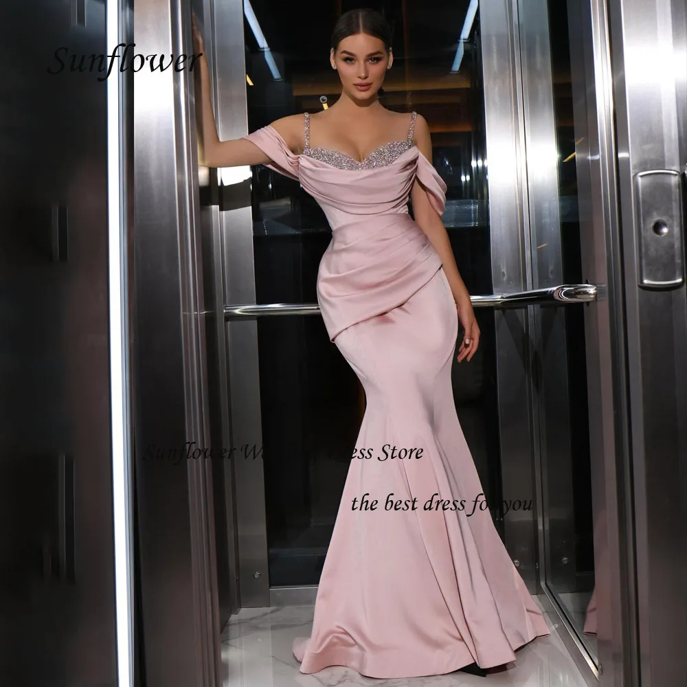 

Sunflower Pink Off the Shoulder Evening Dress 2023 Slim Backless Satin Short Sleeves Mermaid Prom dress Floor-Length Party Dress