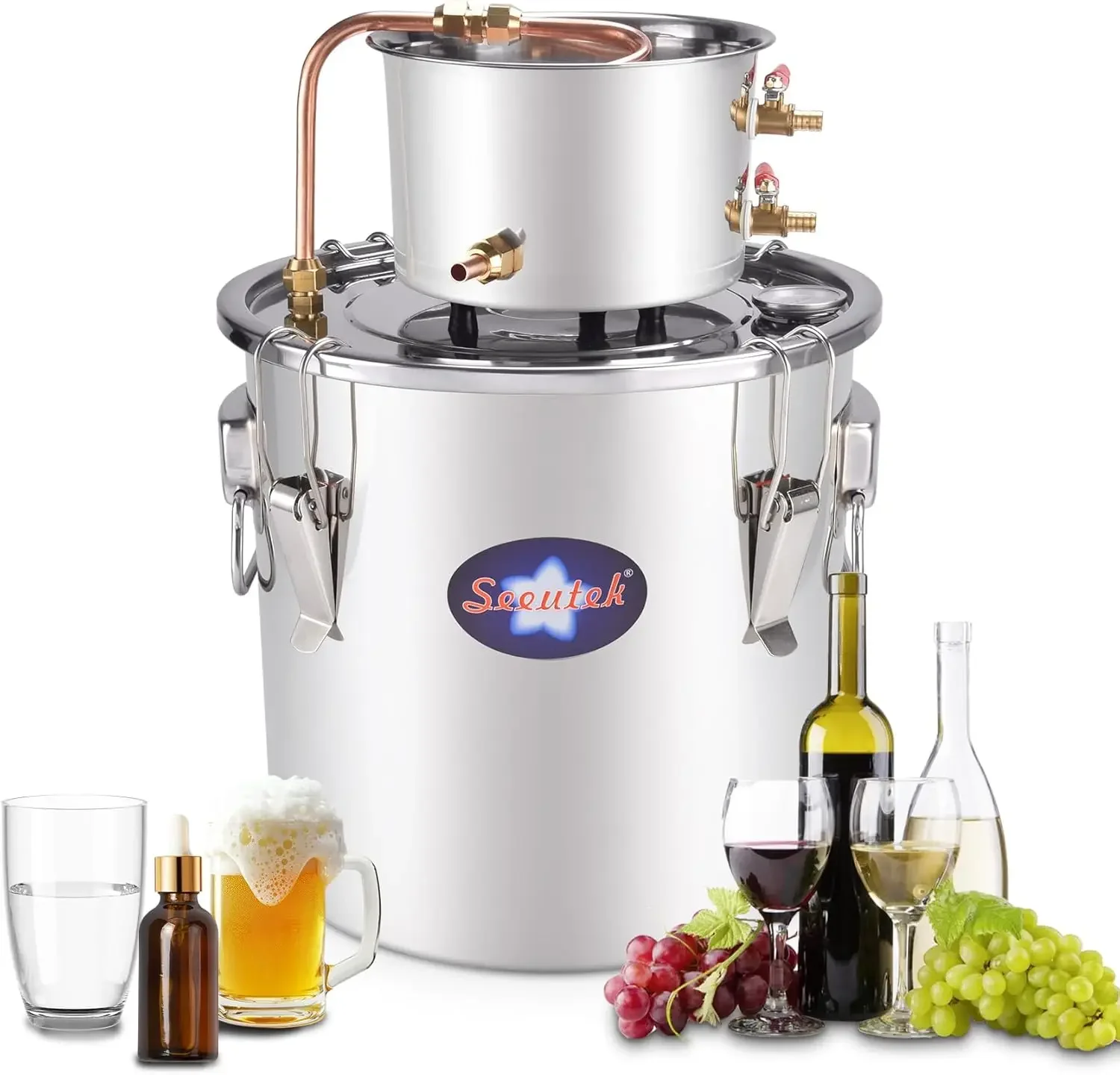

Seeutek Alcohol Still 13.2 Gal 50L Water Alcohol Distiller Spirits Kit w/Circulating Pump, Copper Tube & Dual Display Thermomete