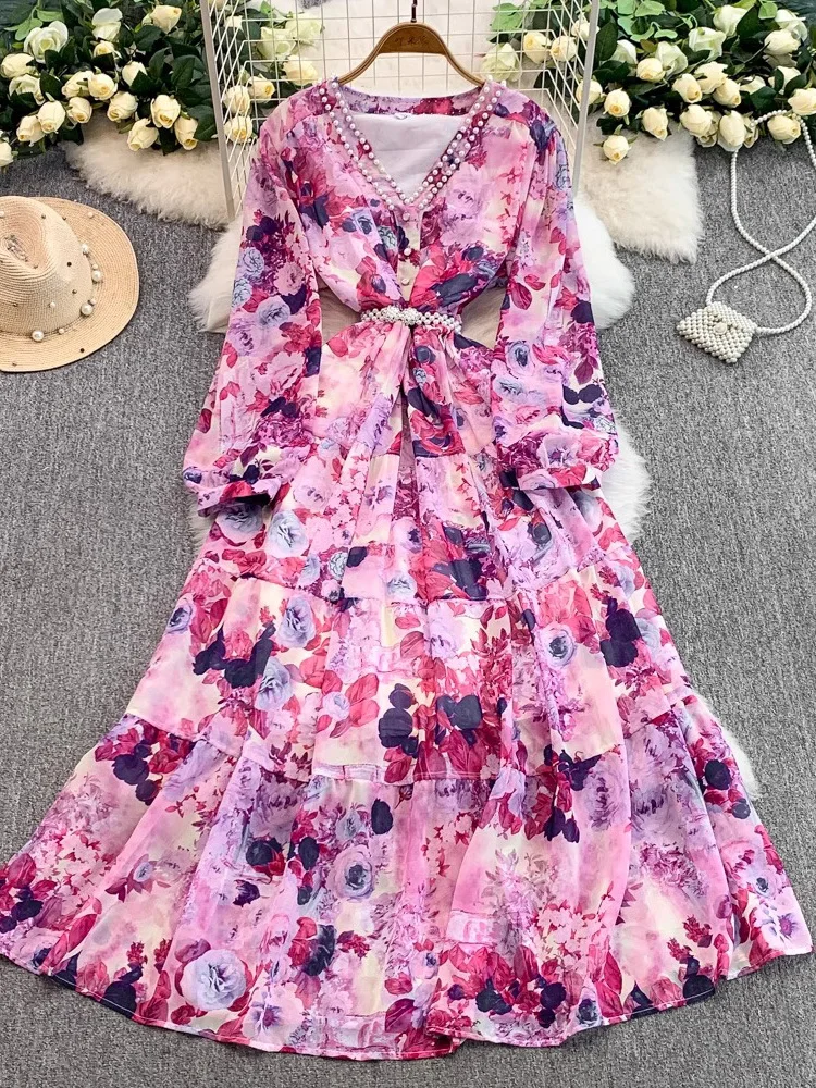 

Spring Autumn Vintage Women Floral Printed Beading Long Dress Elegant V-Neck A-Line Maxi Vestidos Female Vacation Beach Robe New