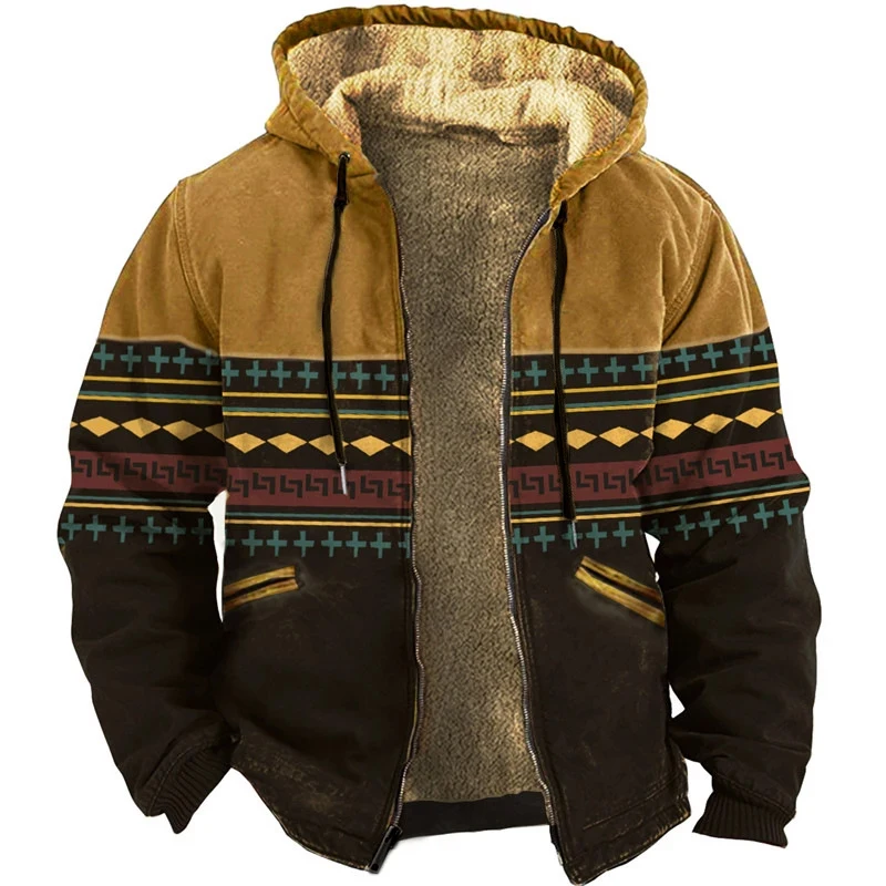 Vintage Ethnic Style Graphic Jackets Mens Winter Warm Wool Liner Coats Streetwear Fashion Drawstring Hooded Jacket Coat For Men