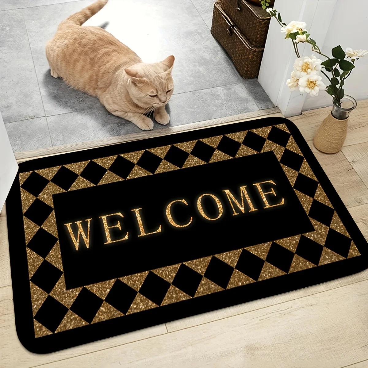 Welcome Doormat for Home Kitchen Bathroom, Non-Slip Durable Polyester Mat Gold Black Diamond Design,Hand Wash Only Holiday Decor