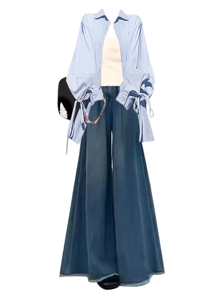 Spring Blue Long Sleeve Shirt Women's High Waist Jeans Belted High Fashion Ageless Styling Three Piece Set Ladies Fashion view 5