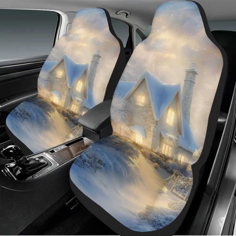 2pcs Christmas Snowy Cottage Car Seat Covers Set - Cozy Winter Scene With Snow-Covered Cottage, Warm Lights & Snowy Landscape De