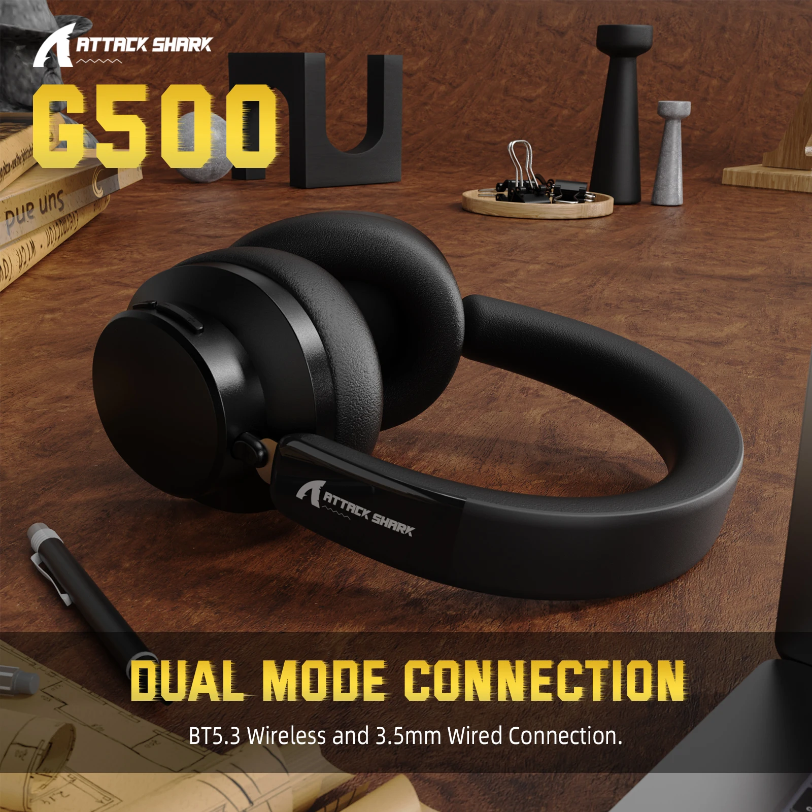 ATTACK SHARK G500 Active Noise Cancelling Over-ear Bluetooth Headsets, Bluetooth 5.3, 3.5mm Stereo, Built-in Microphone,Foldable