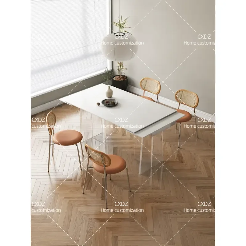 Cream Style Acrylic Suspended Dining Table Rectangular Rock Slab Retractable Design for Small Apartment Household Use