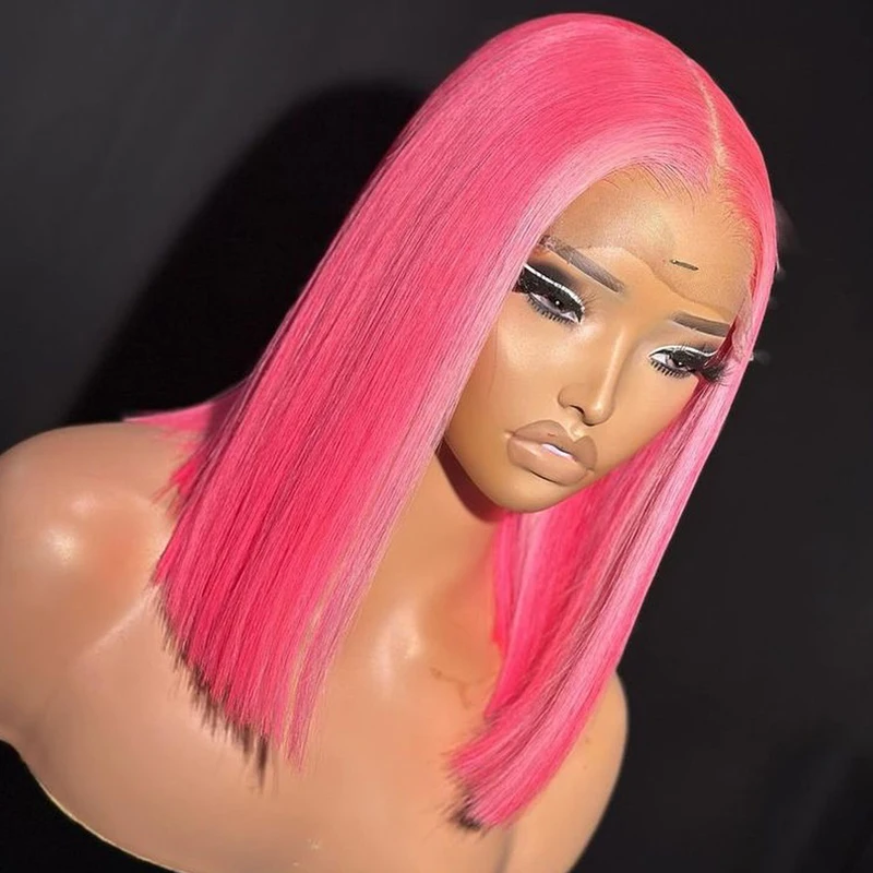 Peluca de pelo sintético rosa Bob 13x4 pelucas frontales de encaje Bob corto 180% peluca de encaje Bob de Color rosa liso de hueso Remy brasileño para mujeres