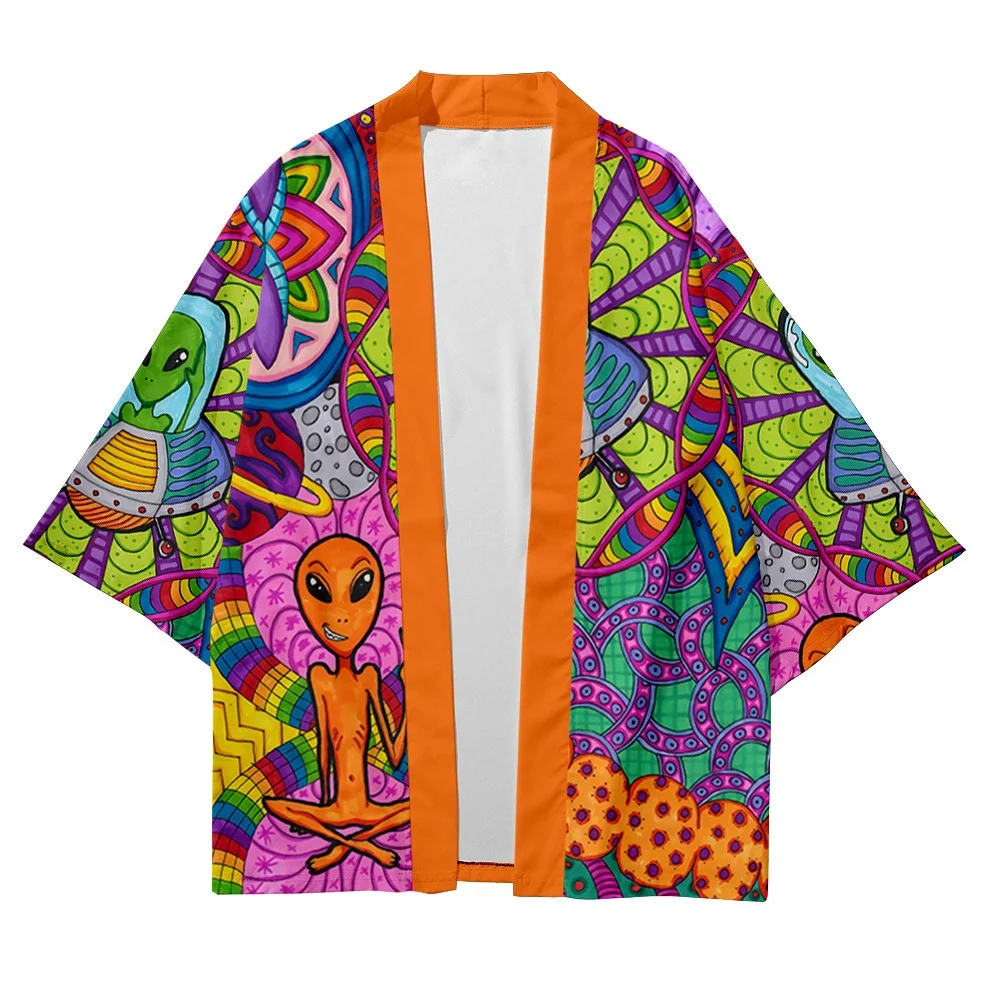 Samurai Cardigan Extraterrestrial Beings Print Haori Women Men Kimono Cosplay Tops Blouse Yukata Japanese Traditional Clothing