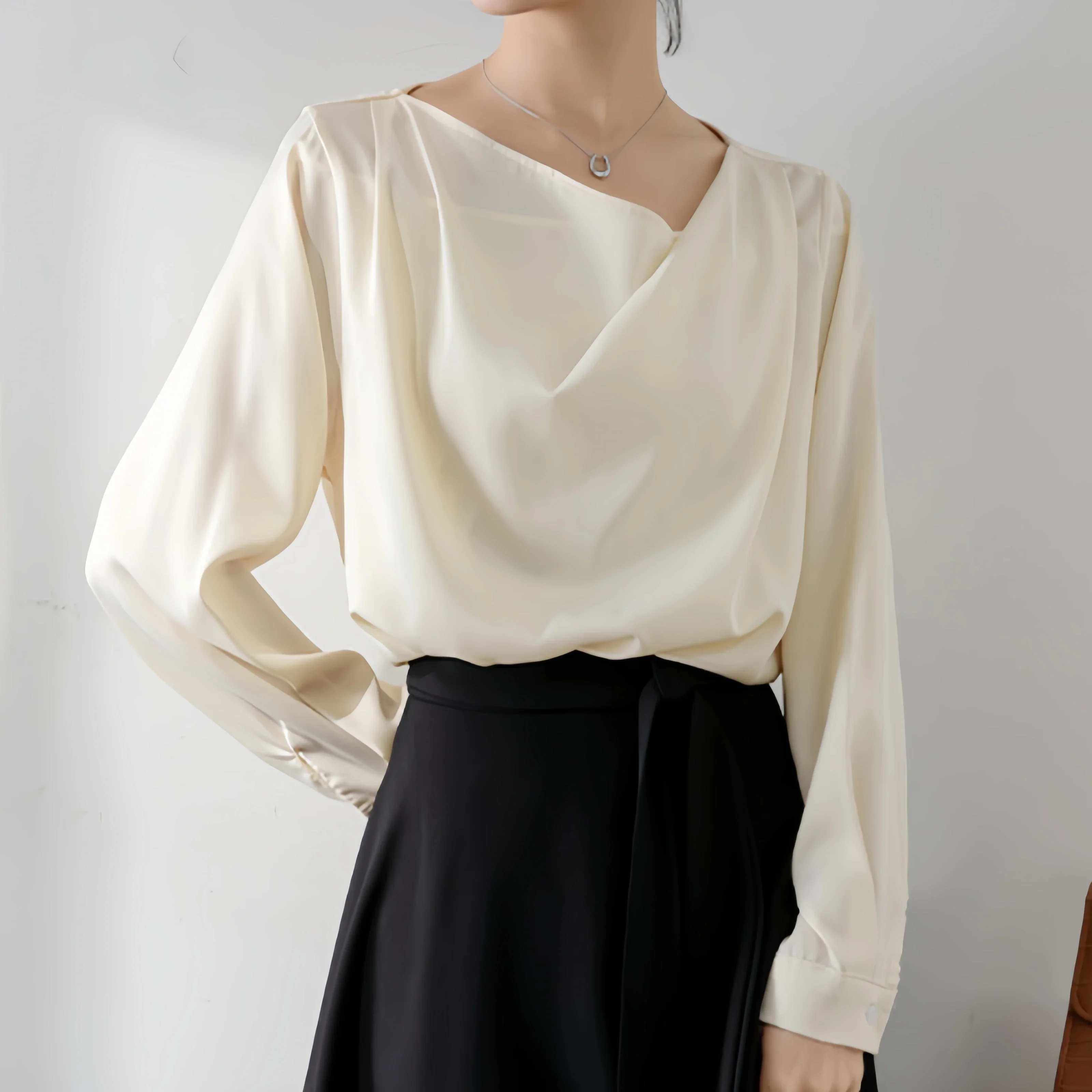 

Spring Autumn Vintage Irregular Satin Women's White Blouse 2025 New Slash Neck Casual Loose Korean Office Lady Shirt Female