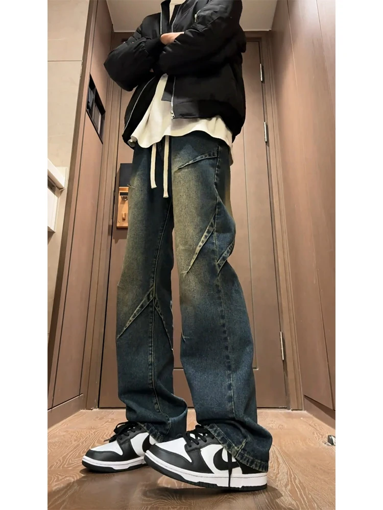 

Brand Men's Denim Jeans with Drawstring Bell Bottoms Cool Trendy Straight Leg Long Trousers American Retro Waist Lift Type