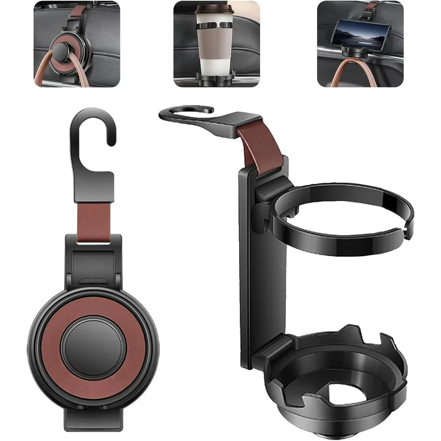 

GEFENSI 3-in-1 Cup Holder Cell Phone Holder Bag Hook For Car Seat Multifunctional Seat Back Organizer Storage Car Headrest Clip