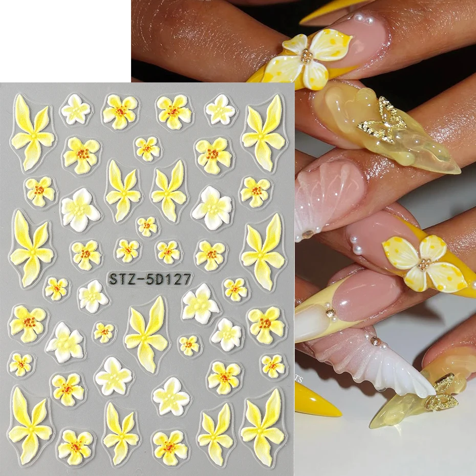 2 pezzi 3D Frangipani Fiore Decalcomania per unghie Fiori gialli Petali Fiore Nail Art Sticker 5D Adesivo Slider Foil Decorazioni per manicure