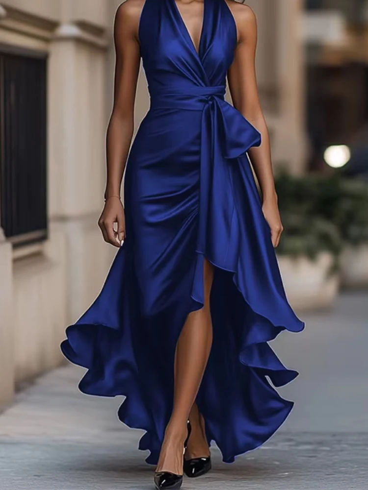Elegant Women's Deep V-neck Halter Ruffled Evening Gowns Solid Lace-up High Waist Satin Party Dresses Wedding Guests Dress