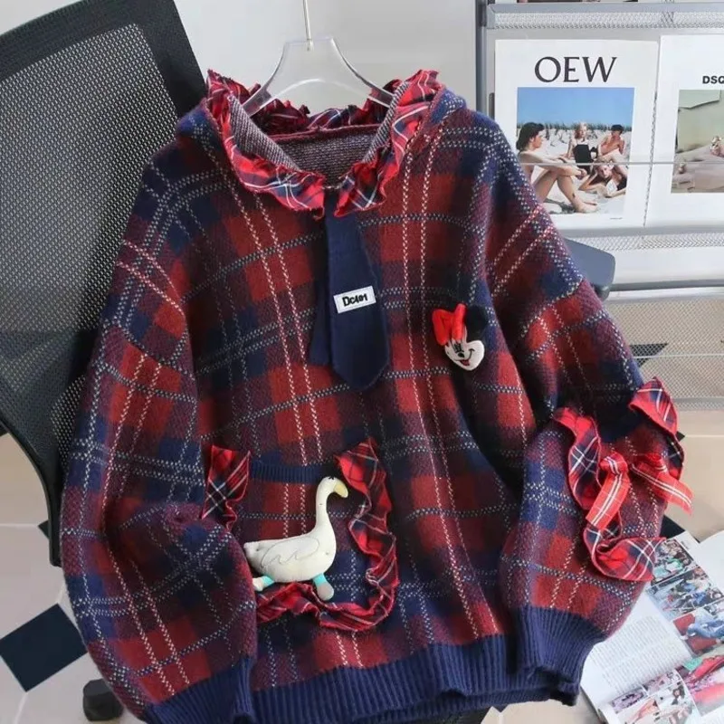 Disney Minnie Cute Cartoon Autumn And Winter Checkered Hooded Sweater For Women New Style Loose Lazy Hooded Sweater Knitted Top