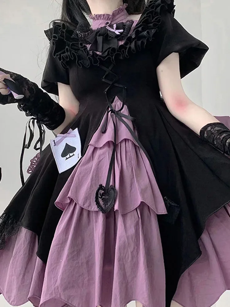 Japanese Black and Purple Bow Dress for Girl, Sweet Kawaii Princess Dress, Splicing Lolita Dress, New and Original