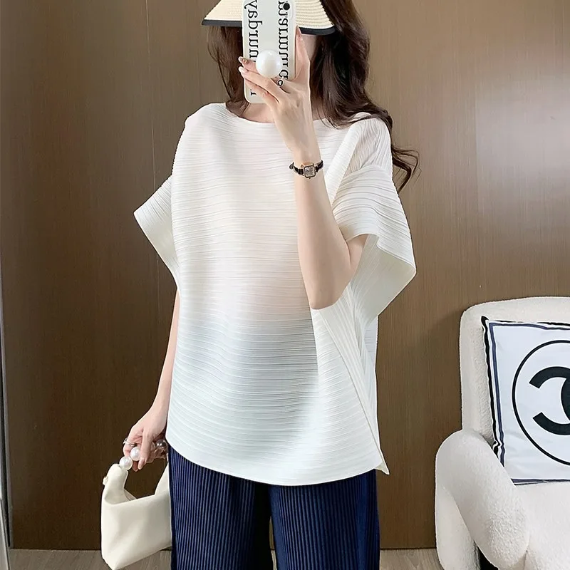 Loose Pleated T-Shirt 2026 Summer New Women's Fashion Short-Sleeve Lightweight Blouse Stretchy Pleated Top for Travel