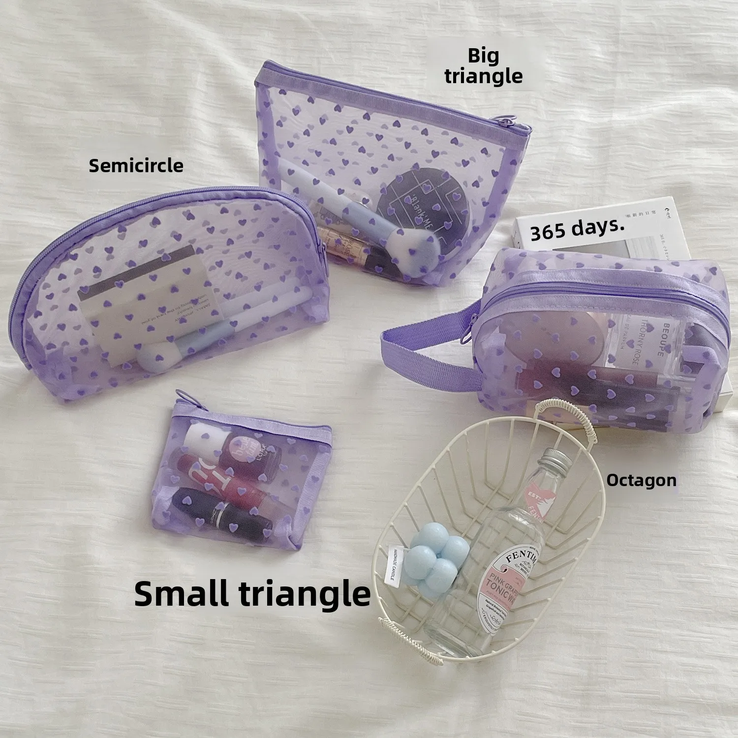 YT Multifunctional Portable Breathable Transparent Visible Storage Bag, Flocked Mesh Heart-Shaped Makeup Bag, Mobile Phone Bag,