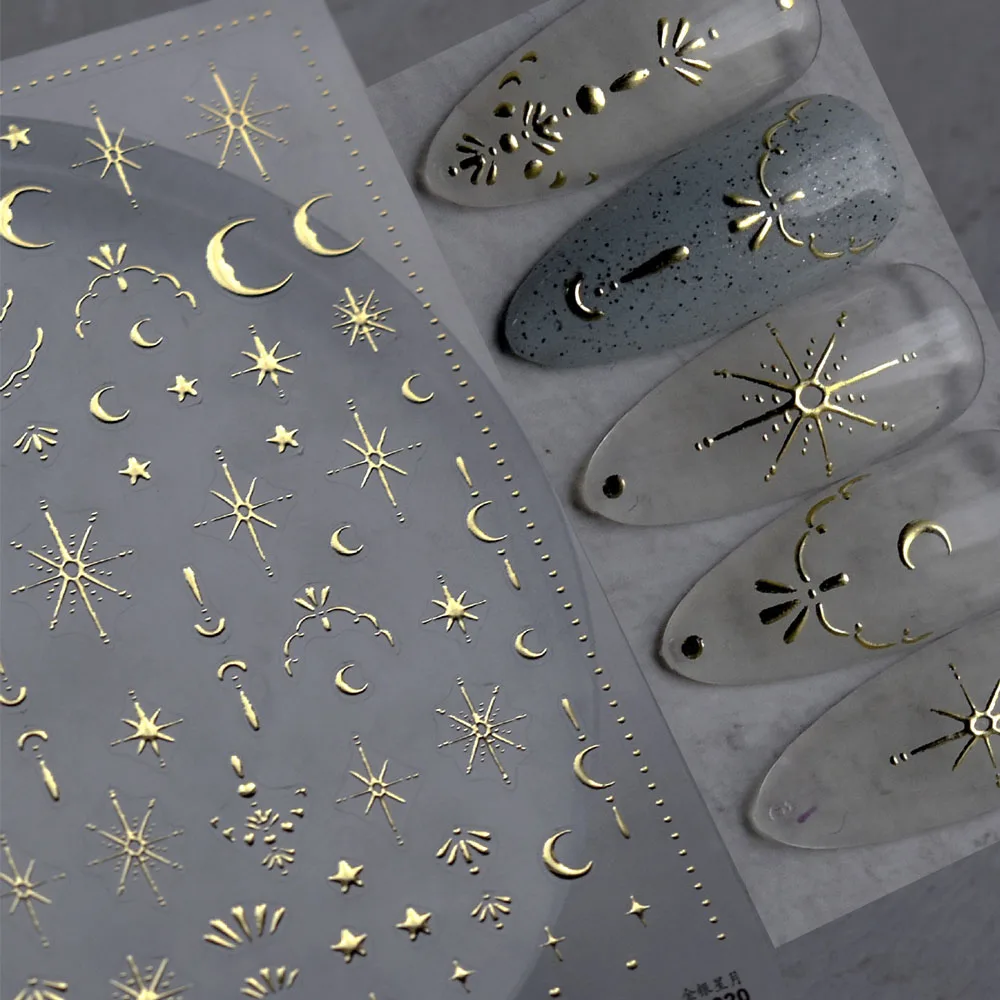 

3D Gold Sun/Moon/Star Bronzing Nail Art Sticker 8*10cm Laser Star Moon Design Nail Decal Gold Silver Self-Adhesive Slider &*&