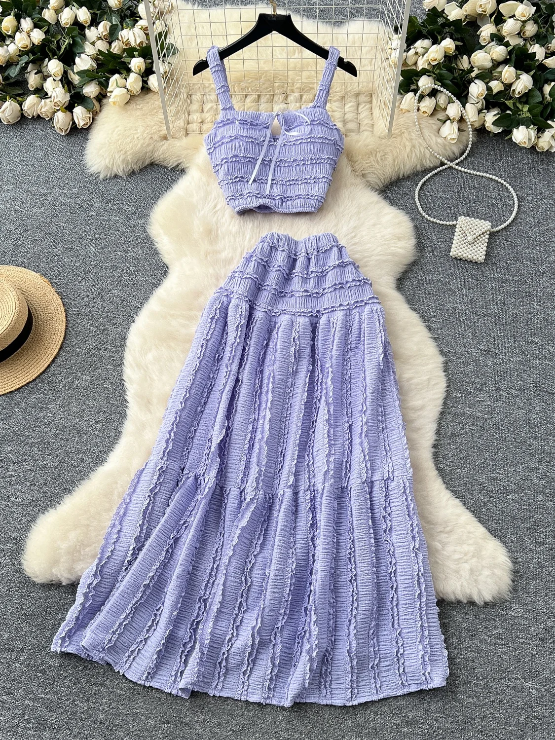 Conjunto F Estilo Doce com Top Curto de Gola Quadrada com Laço e Saia  Psada de Cintura Alta