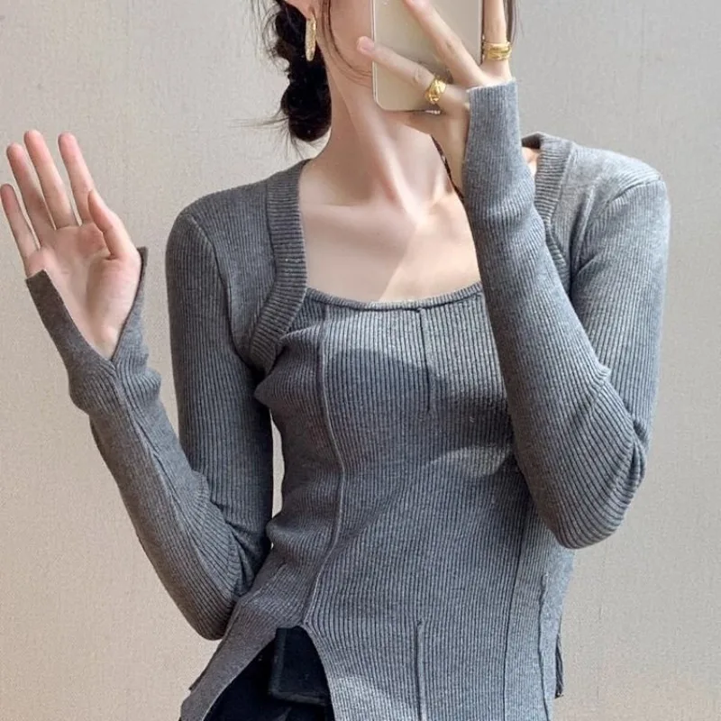 

Square Collar Knitted Base Shirt for Women for Spring New Long-sleeved Slim Slit Irregular Niche Top