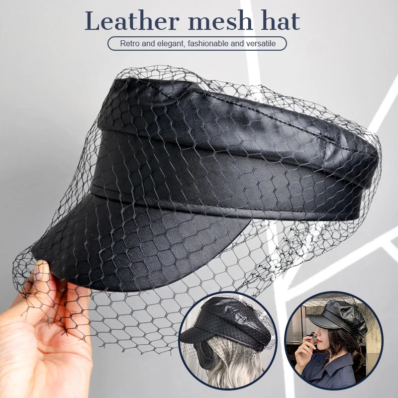 Luxury Designer PU Leather Hat For Women Fashion Black Mesh Veil Caps Sailor Hats With Mesh Artistic Temperament Painter Hat