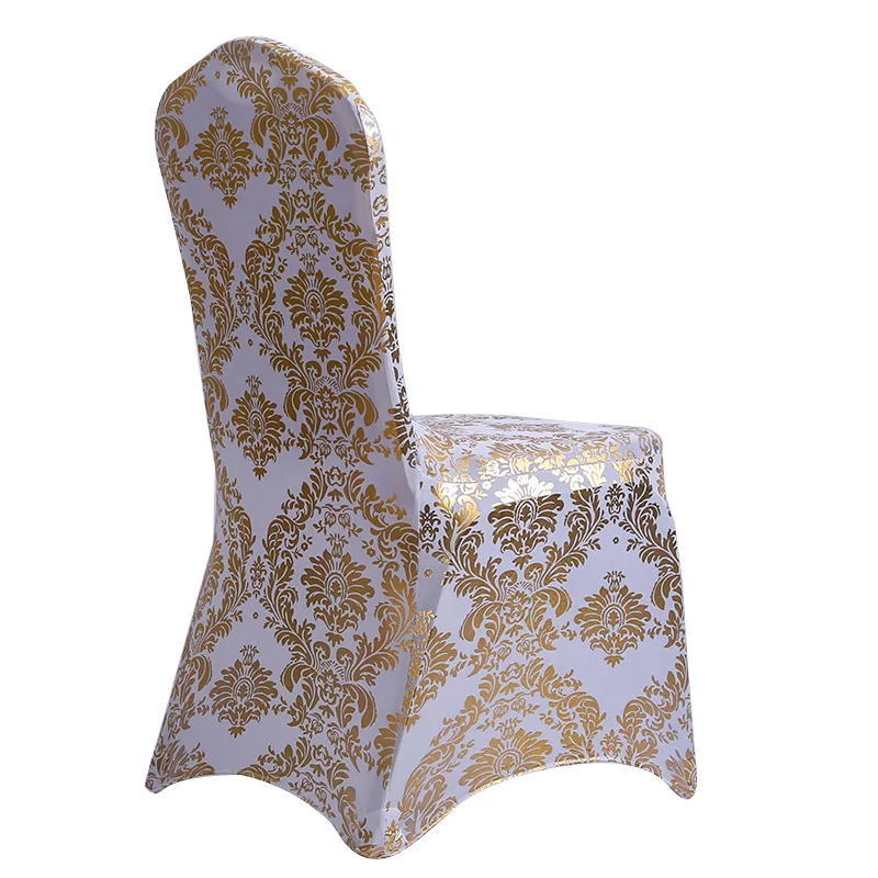 Gold Printed Chair Cover For Wedding Party Decoration Pattern Design Spandex Birthday Lycra Dining Room Chair Covers Hotel Show