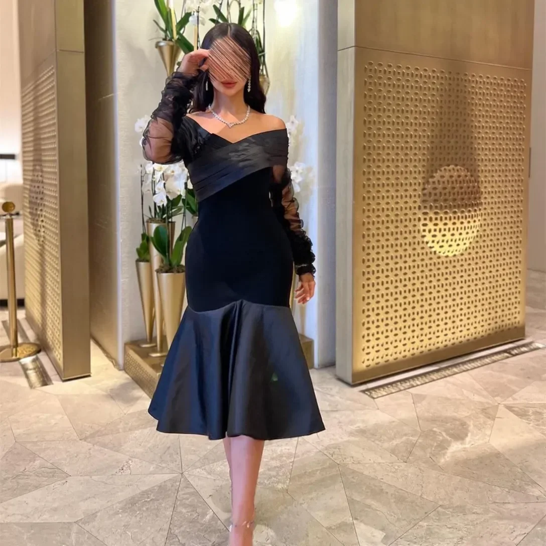 

Customized Black Short Evening Dresses Off The Shoulder Prom Dresses Pleated Tea Length Formal Party Dress for Women 2025