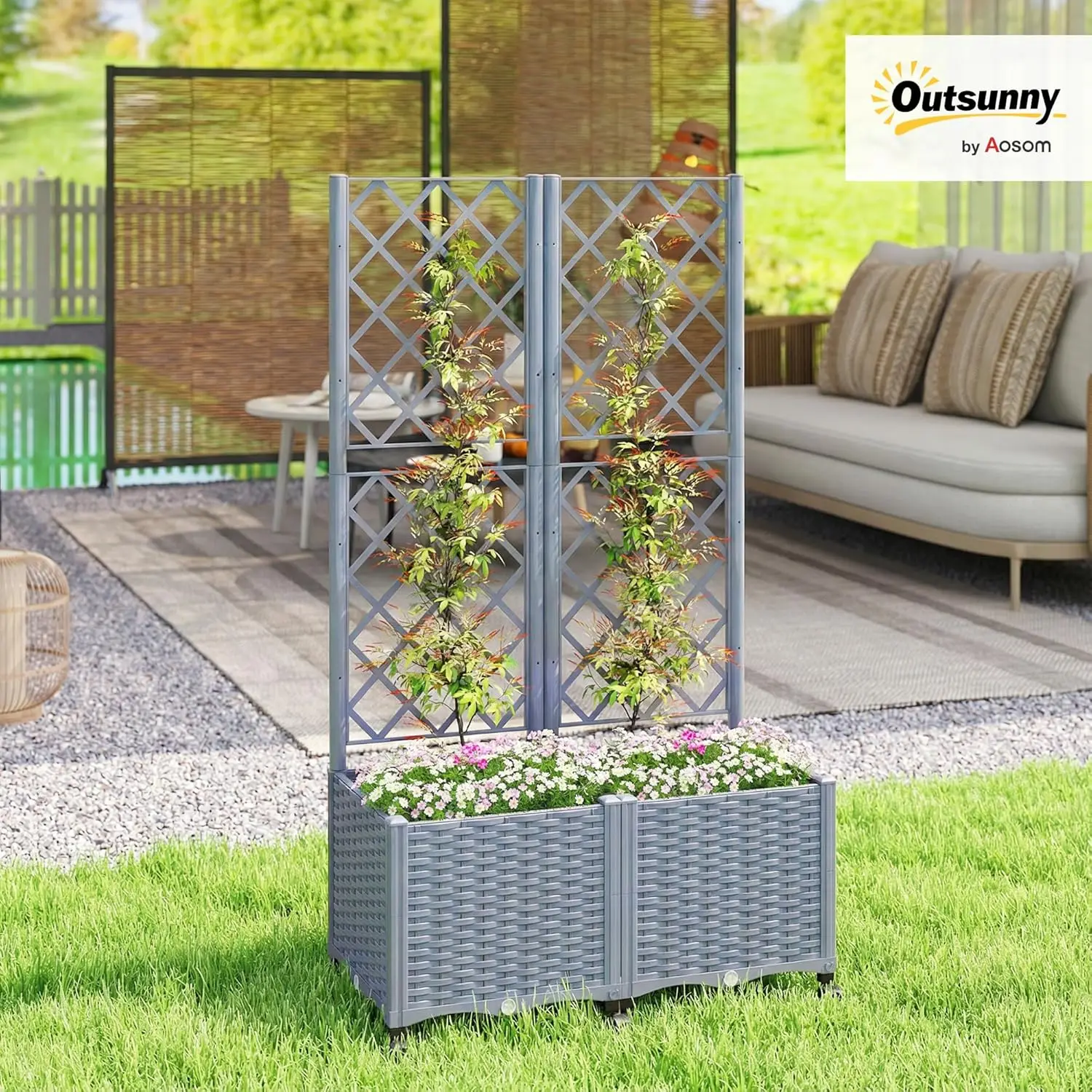 Planter Box with Trellis, Self Watering Raised Garden Bed with Lockable Wheels, 56.3