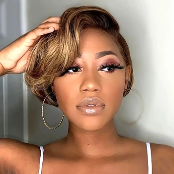 ボブカットボブウィッグ,短いピクシーカット,透明なフロントレース,人間の髪の毛,ハイライト,事前に摘み取られたヘアライン,13x4,女性用