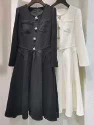 High Quality Brand New Women's Dress 2024 Autumn Winter Clothes Lady Beading Button Long Sleeve Black White Elegant Dress Party