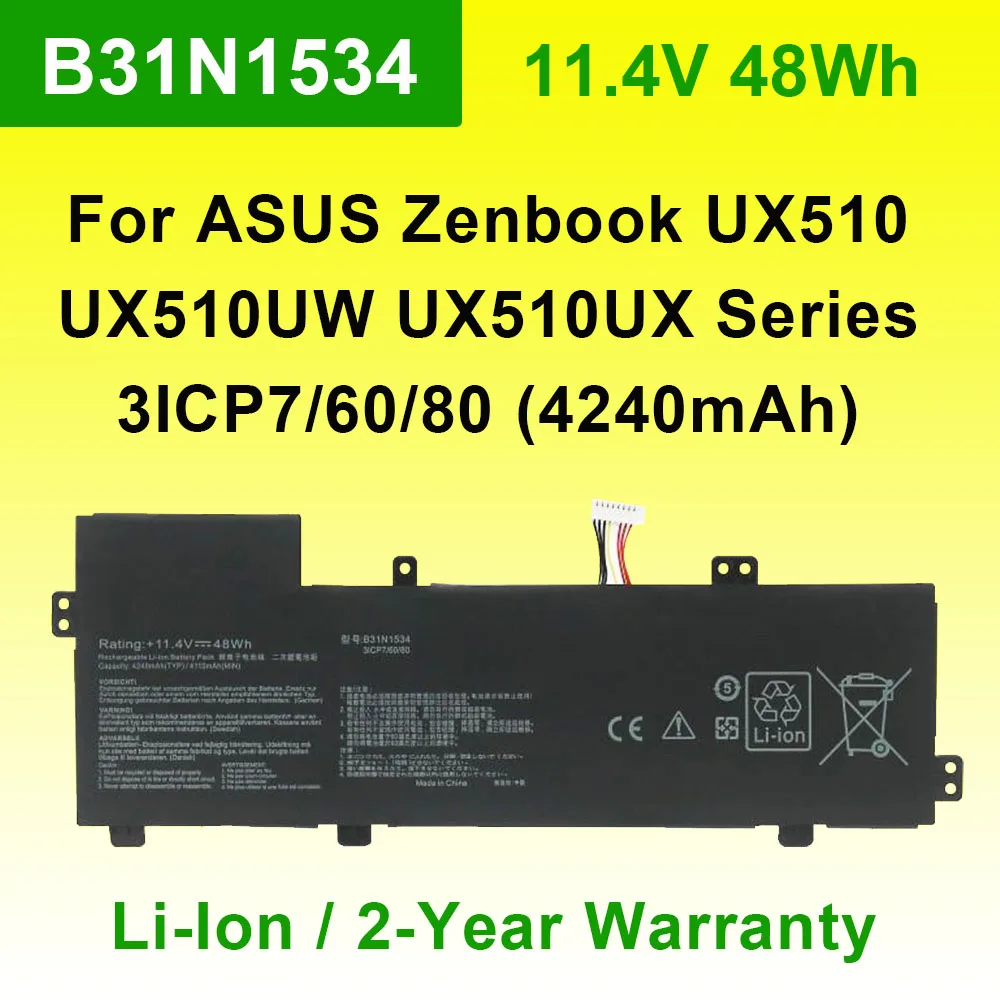 

Аккумулятор для ноутбука ASUS Zenbook UX510 UX510UW UX510UX B31N1534 3ICP7/60/80, литий-ионный, перезаряжаемый, 11.4В, 48Втч, 4240мАч
