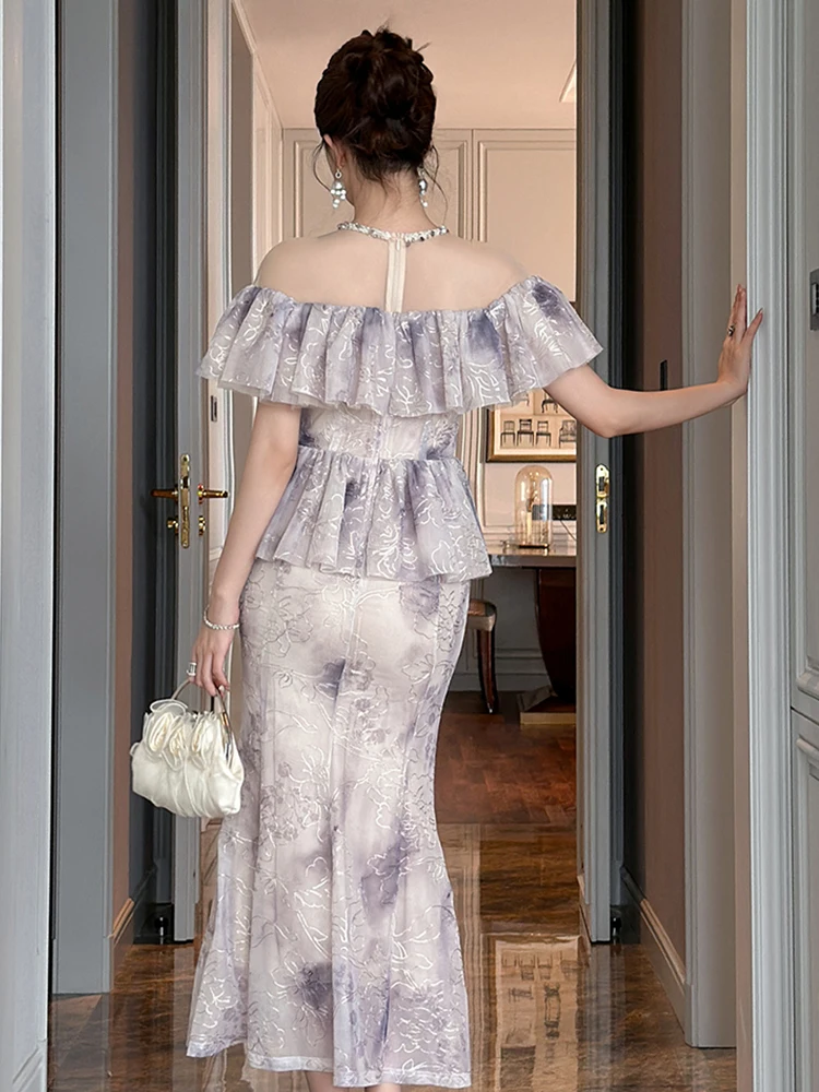 Celebrity Elegant Party Dress Women Sheer Mesh Splice Pearl Neckline Ruffle Peplum Fishtail Robe Formal Dinners Wedding Vestidos