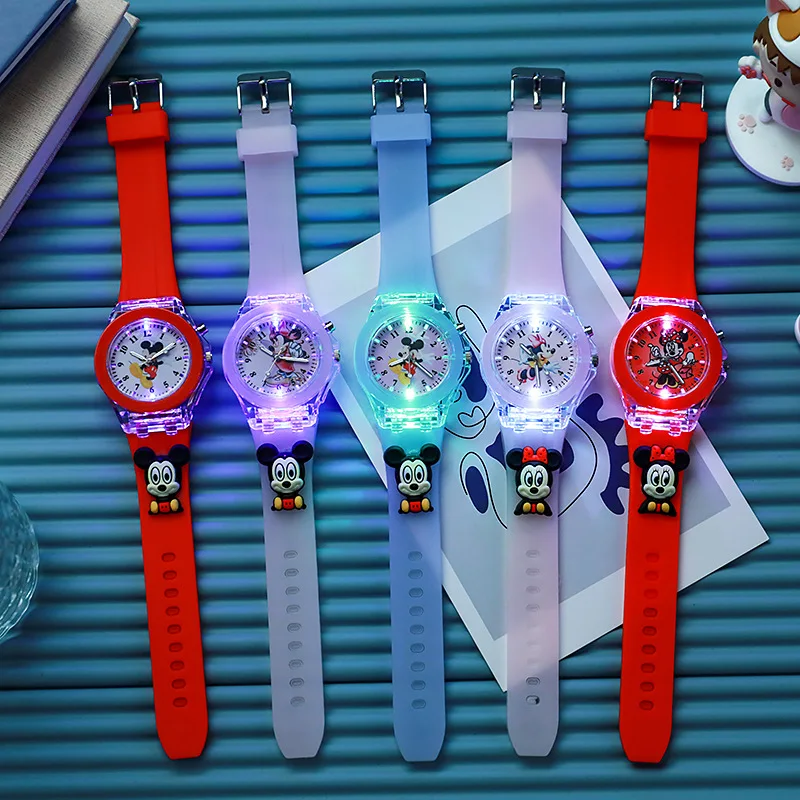 Disney Minnie Mickey Mouse Kids Cute Wristwatch Figurines Luminescent Boys Girls Wrist Watch Lovely Fashion Birthday Party Gifts