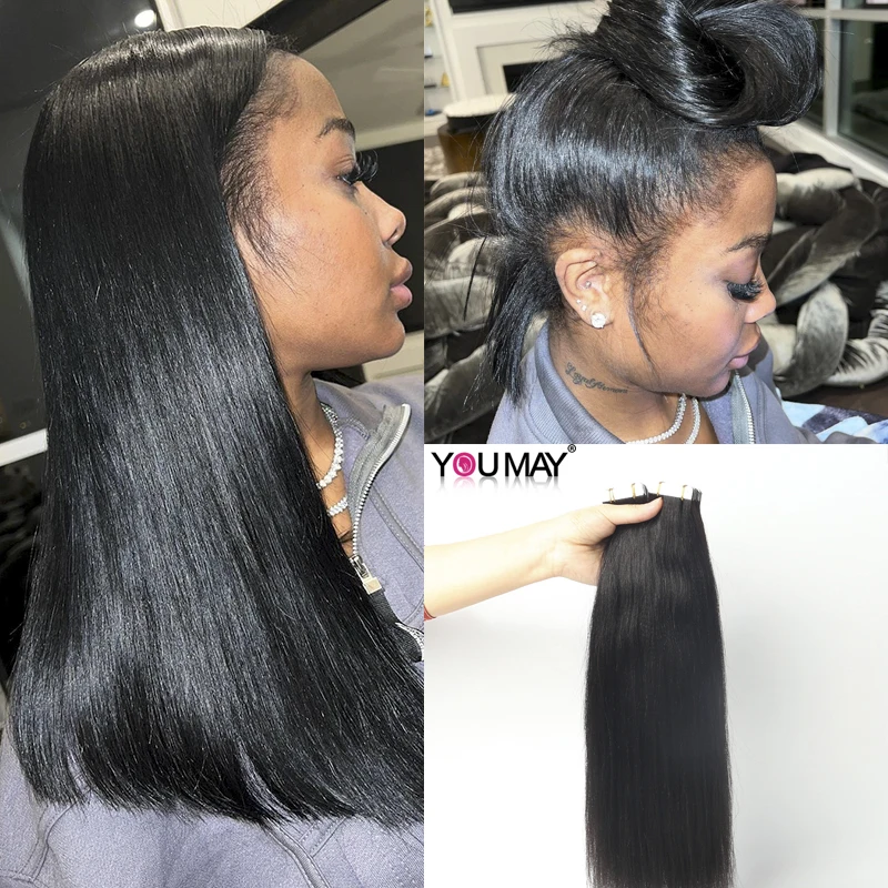 Extensiones de cabello humano Yaki Tape Ins para mujeres negras, 100% cabello humano virgen indio Real, cinta sin costuras, paquetes de cabello Yaki