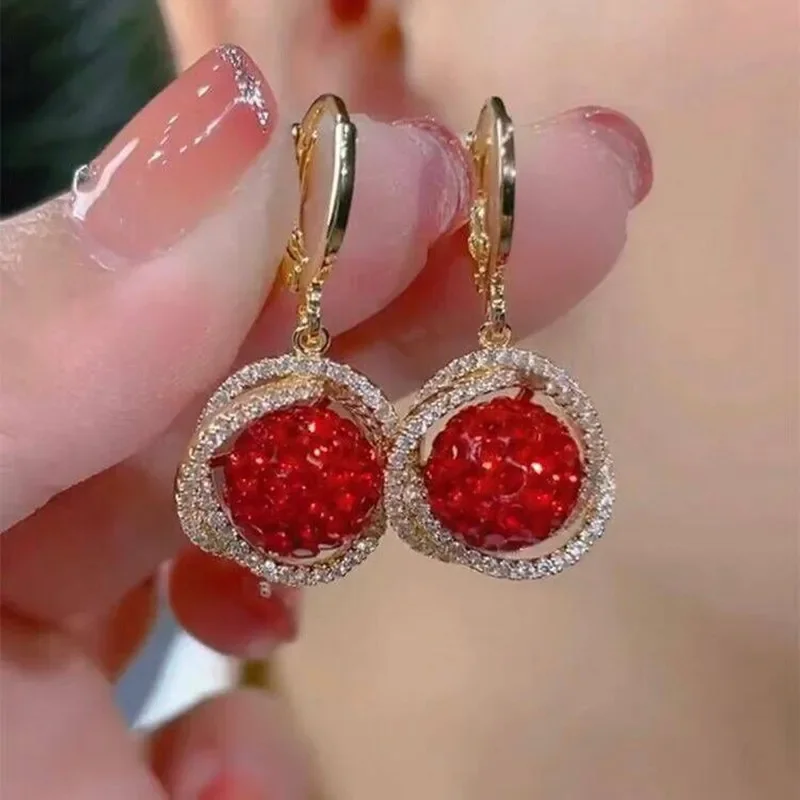 Luxurious Red Rhinestone Ball Unique Design Earrings for Women Fashion Personalized Accessories New Year's Gift Party Jewelry